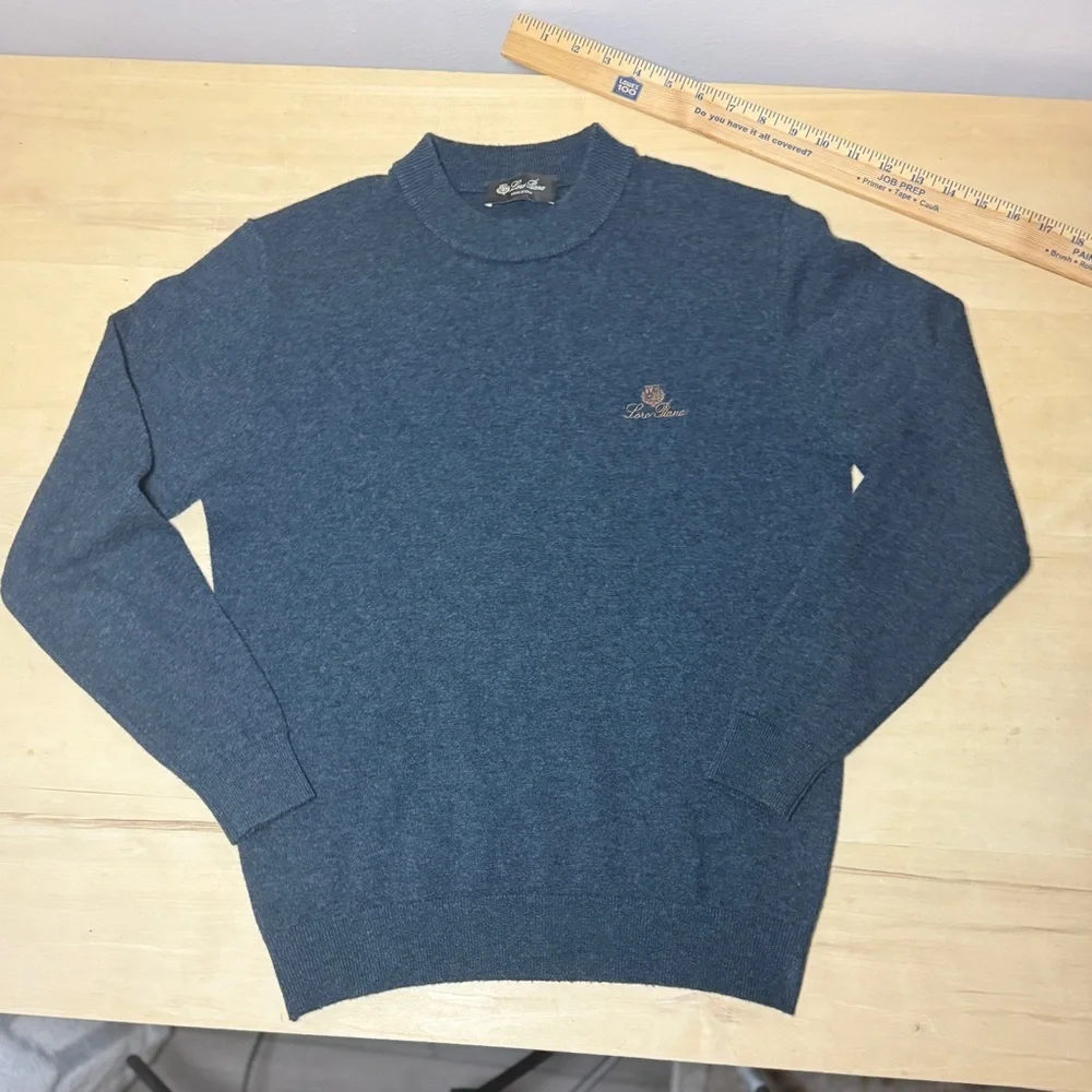 Loro Piana Embroidered Logo Navy Blue Crew Neck Wool Sweater - Small